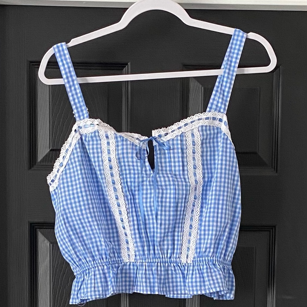 NWT Self Esteem Blue Gingham Lace Trim Women's halter Top size small